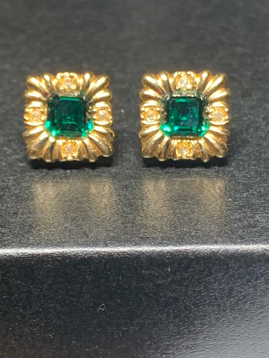 Jewelry - Gold-Tone Emerald Green Square Stud Earrings